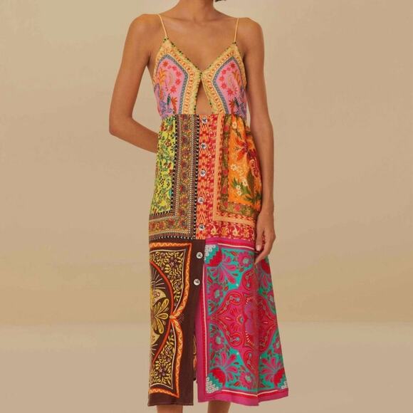 FARM Rio Dresses & Skirts - Farm Rio Womens Mixed Scarves Cutout Midi Dress Small Pink Multicolor